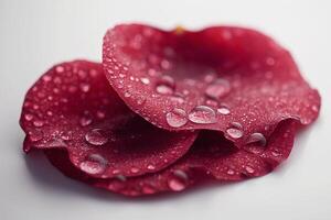 Close-up of vibrant red rose petals adorned with dew drops, showcasing their natural beauty and delicate texture. photo