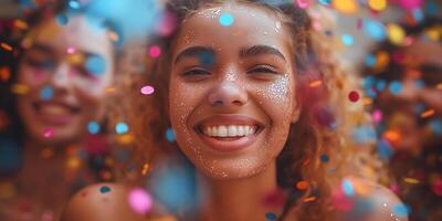 A joyful young woman with curly hair smiles brightly, surrounded by colorful confetti and her friends, capturing a moment of celebration. photo
