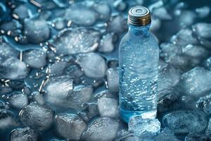 A clear bottle of water surrounded by ice, creating a refreshing and cool ambiance. photo