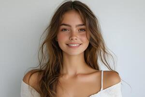 A young woman with long, wavy hair and a bright smile, dressed in a cozy white top against a light backdrop. photo