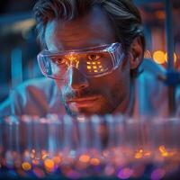 A focused Caucasian man in safety goggles analyzing test tubes in a colorful lab setting. photo