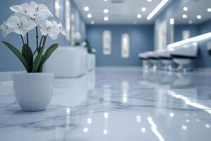 A close-up of a white orchid in a sleek, modern salon with a minimalist design. photo