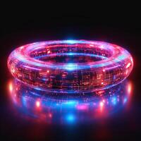 A vibrant, futuristic digital torus glowing with blue and pink lights against a dark background. photo