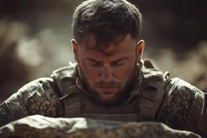 A concentrated Caucasian male soldier reflects deeply with closed eyes in a military setting, showcasing determination and resilience. photo