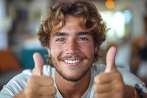 A smiling young man gives a thumbs up, radiating positivity and confidence indoors. photo
