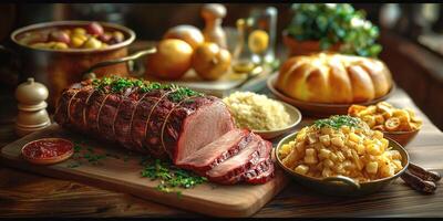 A beautifully arranged feast featuring a succulent roast beef, flavorful sides, and freshly baked bread, showcasing vibrant colors and textures. photo