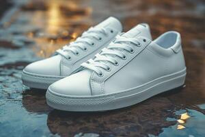 Stylish white sneakers displayed on a wet surface, reflecting soft light for an elegant look. photo