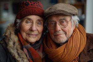 A smiling elderly couple with distinct features in cozy winter attire, enveloped in a warm atmosphere. photo