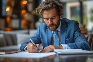 A focused Caucasian man in a blue suit writes notes in a stylish office setting, showcasing professionalism and concentration. photo