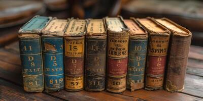 A collection of vintage books with worn covers, resting on a wooden table, evoking a sense of nostalgia and history. photo