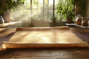 An empty parchment roll lies on a wooden table, illuminated by soft sunlight streaming through windows filled with greenery. photo
