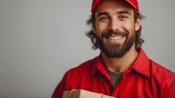Cheerful male delivery driver in red uniform holding a package, showcasing a friendly smile. photo