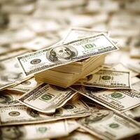 A large stack of hundred-dollar bills surrounded by more cash, symbolizing wealth and abundance. photo