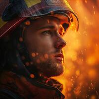 A focused male firefighter in helmet amid sparks and rain, illuminated by warm glows of fire, showcasing bravery and determination. photo