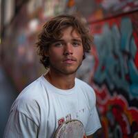A young Caucasian male with tousled hair stands in front of a colorful graffiti wall, exuding a relaxed and contemplative vibe. photo