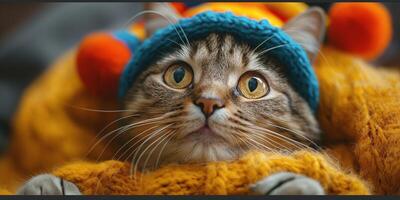 A playful brown tabby cat wearing a colorful knitted hat, nestled in a cozy orange sweater. photo