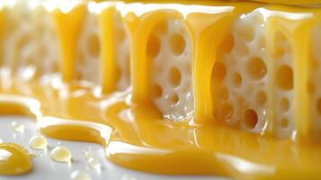 Melted cheese cascading over a block, showcasing creamy texture and rich golden hue. photo