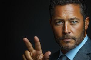 A sophisticated Caucasian man in a suit gestures confidently against a dark background. photo