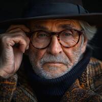 Elderly Caucasian man with glasses and a hat, showing a contemplative expression. photo