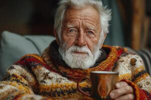 A thoughtful elderly white man with a full beard, cozy in a colorful knitted sweater, enjoying a warm drink in a serene setting. photo