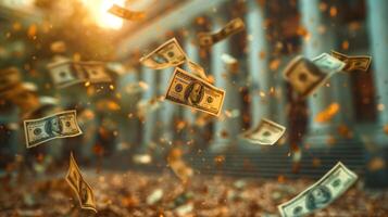 Floating dollar bills create a mesmerizing scene against a warm sunset glow, symbolizing wealth and abundance. photo