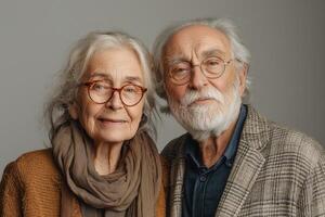 Elderly couple with grey hair, smiling warmly at the camera against a neutral backdrop, showcasing their loving relationship. photo