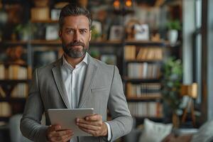 Confident middle-aged man with a beard, dressed in a smart suit, holding a tablet in a stylish office setting. photo