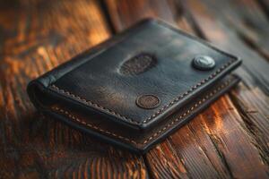 Elegant black leather wallet with a classic design resting on a rustic wooden surface. photo