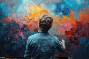 A focused male artist creates vibrant abstract artwork, blending warm and cool colors on a canvas. photo