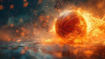 Dynamic image of a fiery basketball with flames igniting around it, symbolizing passion and energy in sports. photo