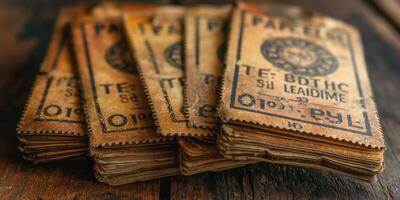 A collection of vintage paper tickets stacked on a rustic wooden surface, showcasing aged textures and historical charm. photo