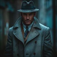 A stylish man in a fedora and overcoat stands in the rain, embodying a classic detective vibe with an intense gaze. photo