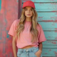 Young Caucasian woman in a pink outfit and red cap poses against a colorful backdrop. photo