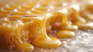 Close-up of golden honey dripping from a honeycomb, showcasing its rich texture and vibrant color. photo
