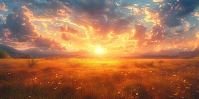 A breathtaking sunset over a golden meadow, showcasing vibrant colors and dramatic clouds. photo