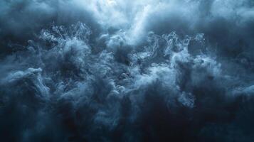 Mysterious and swirling blue-gray smoke envelops the scene, creating an ethereal atmosphere. photo