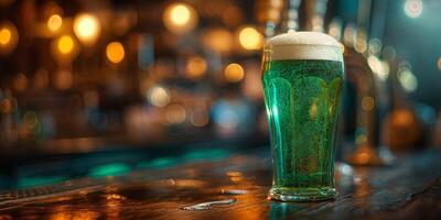 A refreshing glass of green beer sits on a rustic wooden bar, illuminated by warm ambient light. photo