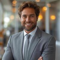 A confident Caucasian man in a gray suit smiles warmly in a modern workspace. photo