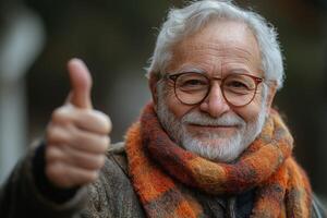 Senior man with gray hair and glasses smiles and gives a thumbs-up, wrapped in a cozy scarf, exuding warmth and positivity. photo
