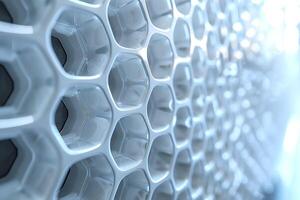 Abstract close-up of a honeycomb structure, showcasing intricate geometric patterns and smooth surfaces. photo