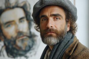 A pensive middle-aged Caucasian man with a beard, wearing a grey hat and scarf, poses thoughtfully in front of an artistic portrait. photo