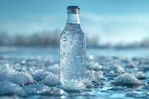 A clear glass bottle filled with sparkling water stands amidst bubbles on a calm surface, creating a refreshing atmosphere. photo