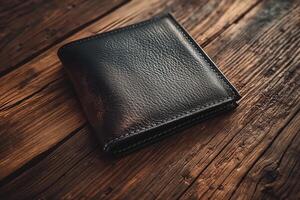 A stylish black leather wallet resting on a rustic wooden surface, showcasing its texture and craftsmanship. photo