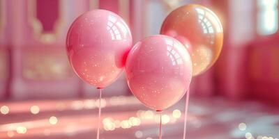 un trío de vistoso globos en rosado y melocotón sombras, suavemente iluminado en contra un pastel fondo, creando un festivo atmósfera. foto