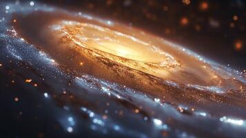 A stunning view of a spiral galaxy illuminated by swirling golden and blue stars, creating a mesmerizing cosmic scene. photo