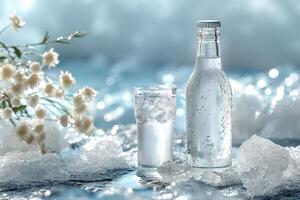 A refreshing glass and bottle of chilled water with ice, surrounded by delicate flowers and bubbles, evoking a serene summer vibe. photo