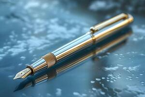 A luxurious golden fountain pen rests elegantly on a reflective blue surface, showcasing its intricate design and craftsmanship. photo