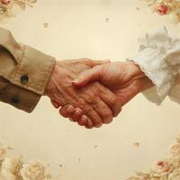 A warm handshake between an elderly man and woman, symbolizing friendship and connection. photo