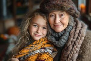 A joyful embrace between a Caucasian grandmother and her granddaughter, both in cozy, layered clothing in a warm, inviting setting. photo