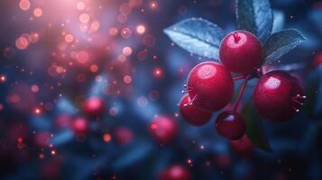 Close-up of vibrant red berries with a dreamy, soft-focus background in blue hues, exuding a magical ambiance. photo